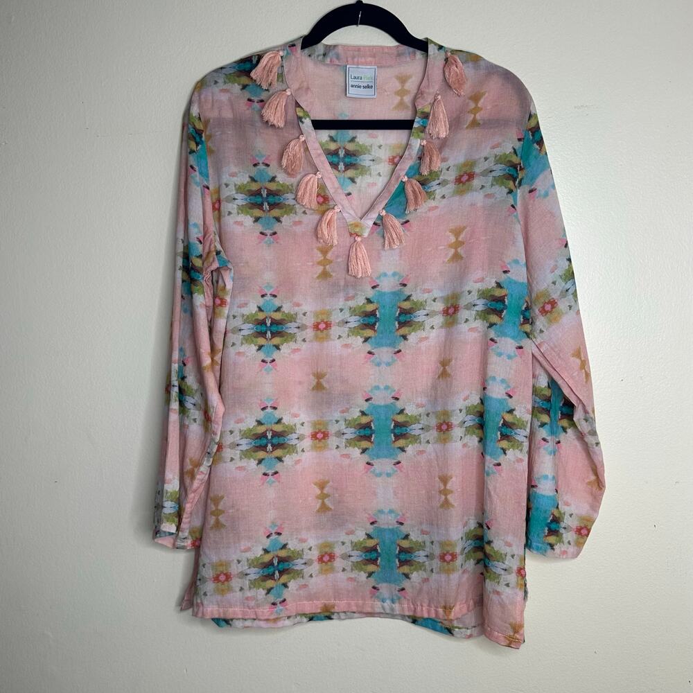 Laura Park‎ Annie Selkie Tunic Top Tassel Detail Pink Ikat Cotton size M/L